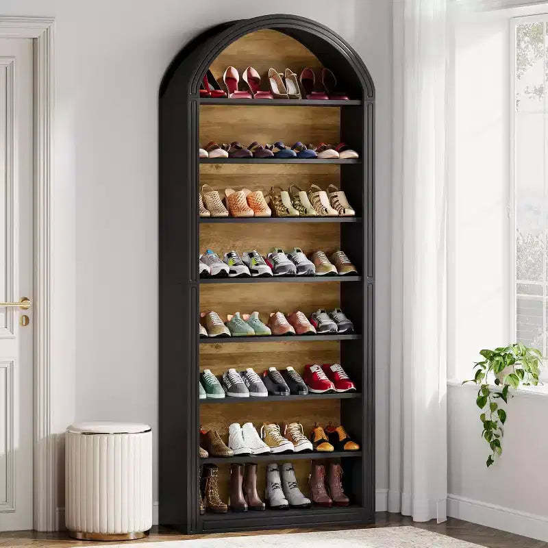 Lantine Shoe Storage Cabinet, 8-Tier Tall Black Shoe Organizer Cabinet, Large Wooden Freestanding Shoe Rack for Closet Entryway