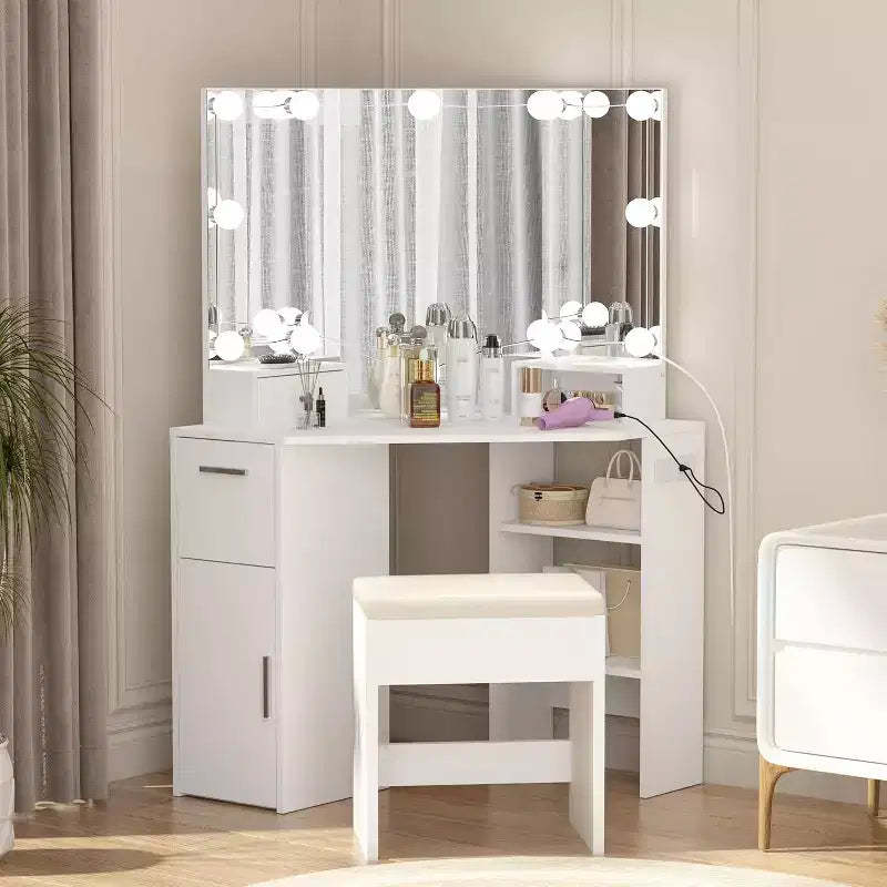 Corner Vanity Mirror with Lights and Table Set & Power Outlet, Makeup Vanity Table with Lights with 2 Drawers & Stool