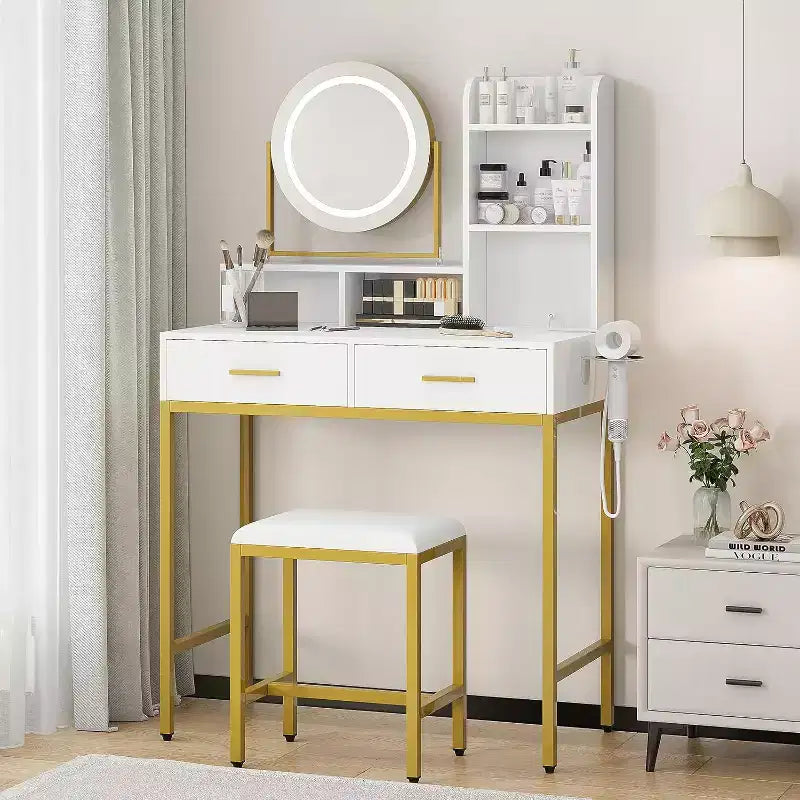Adjustable Vanity Desk with Rotating Mirror and Storage Shelves, Makeup Table with Power Outlet, 2 Drawers, Stool, for Dressing Room