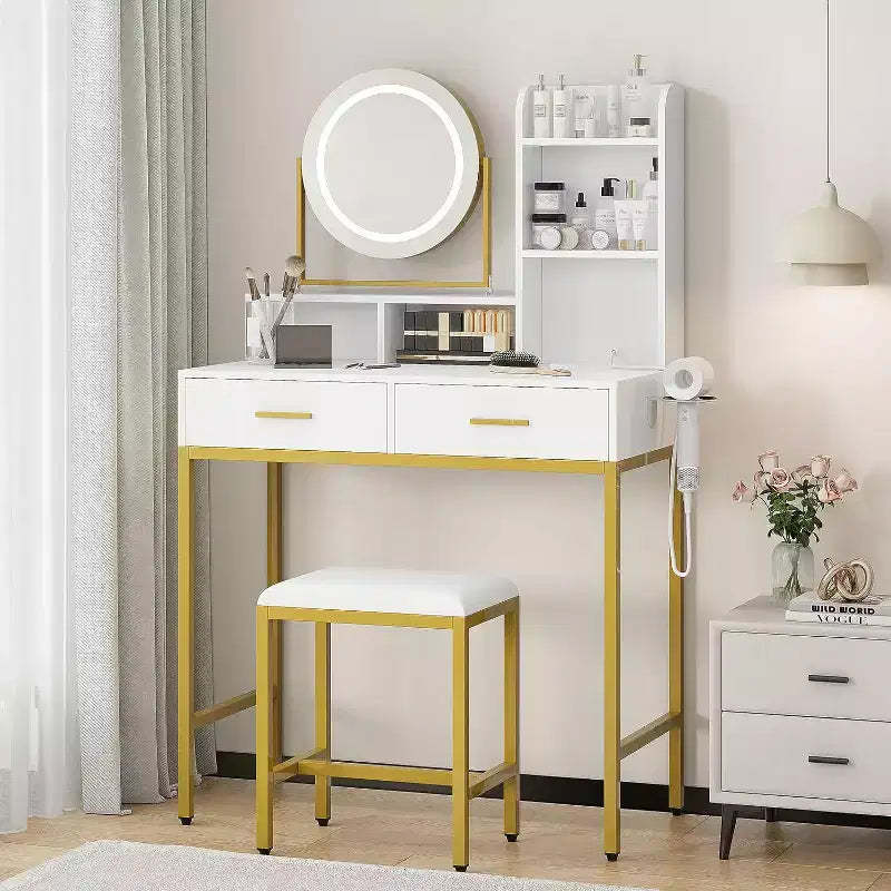 Adjustable Vanity Desk with Rotating Mirror and Storage Shelves, Makeup Table with Power Outlet, 2 Drawers, Stool, for Dressing Room