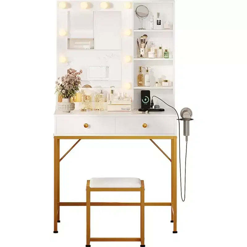 Small Makeup Vanity Desk with Mirror & Lights - 2 Drawers, Stool, Power Outlet & Open Shelves, Compact Vanity Table for Bedroom