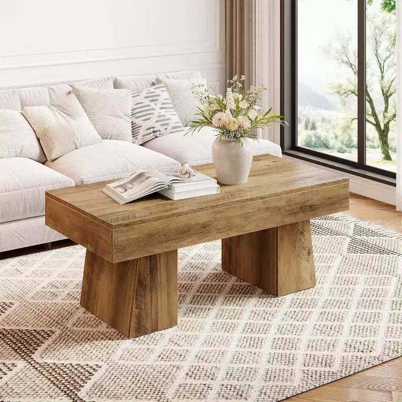 Lantine 47 Farmhouse Coffee Table, Wooden Rectangular Accent Center Tables with Thick Base, for Living Room,Lounge