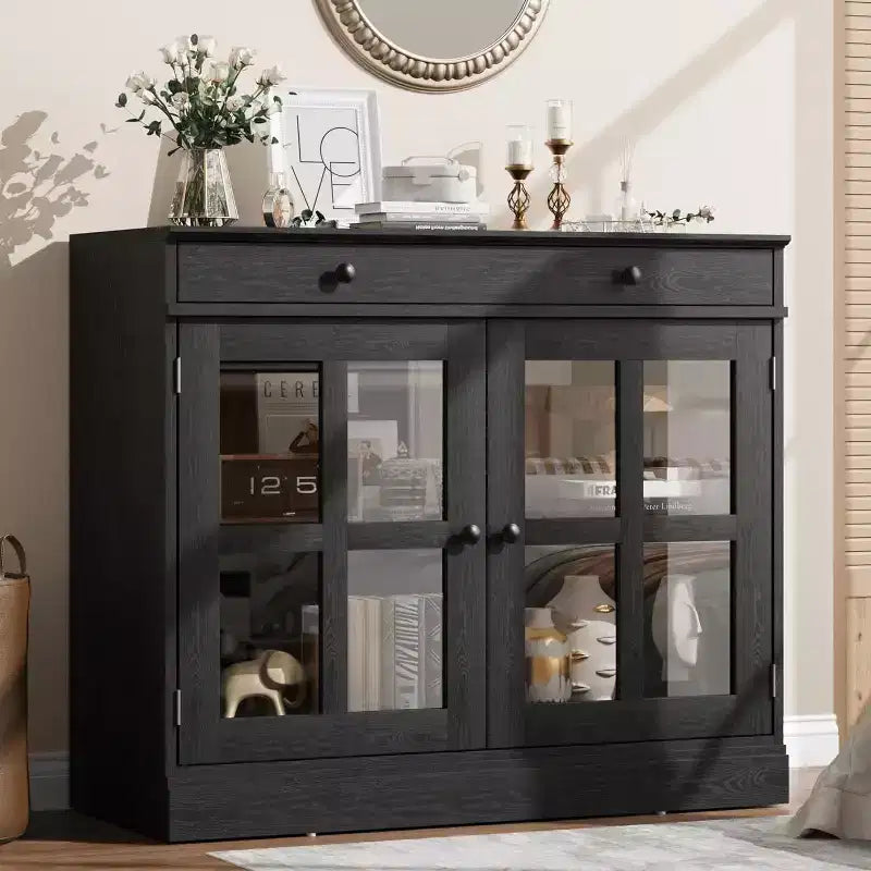 35.4 White Modern Sideboard - Glass Door Buffet Cabinet with Drawer Storage for Dining Room & Kitchen