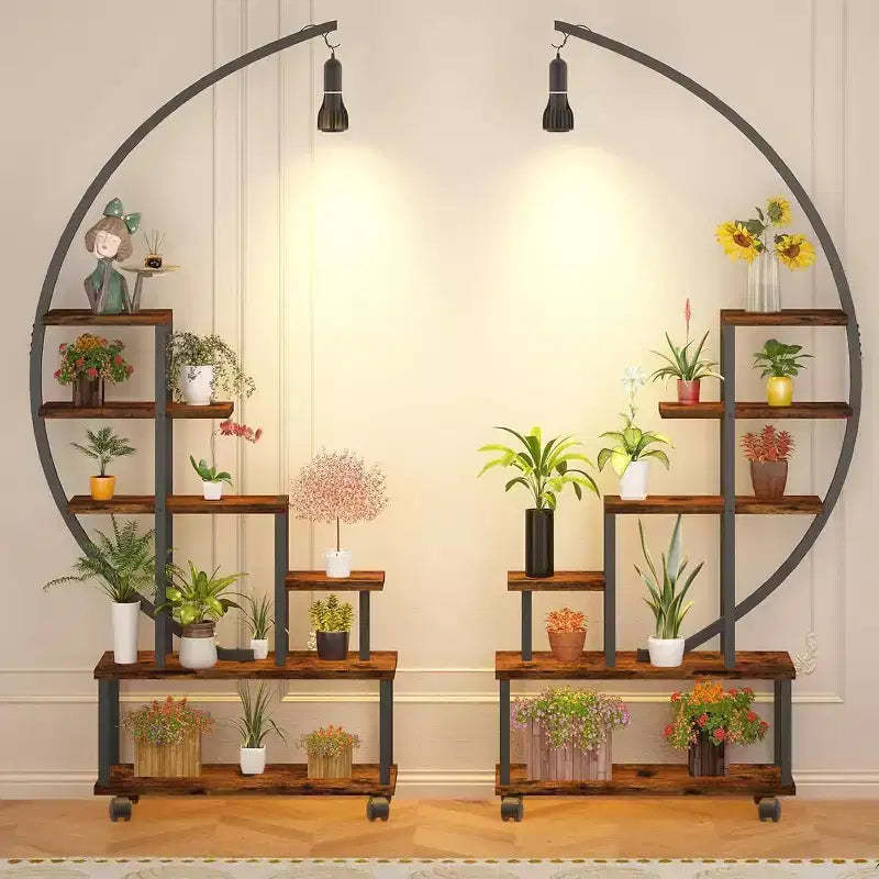 6-Tier Half Moon Plant Stand with Grow Lights - Tall Metal Plant Shelf with Wheels, Wooden Display Rack