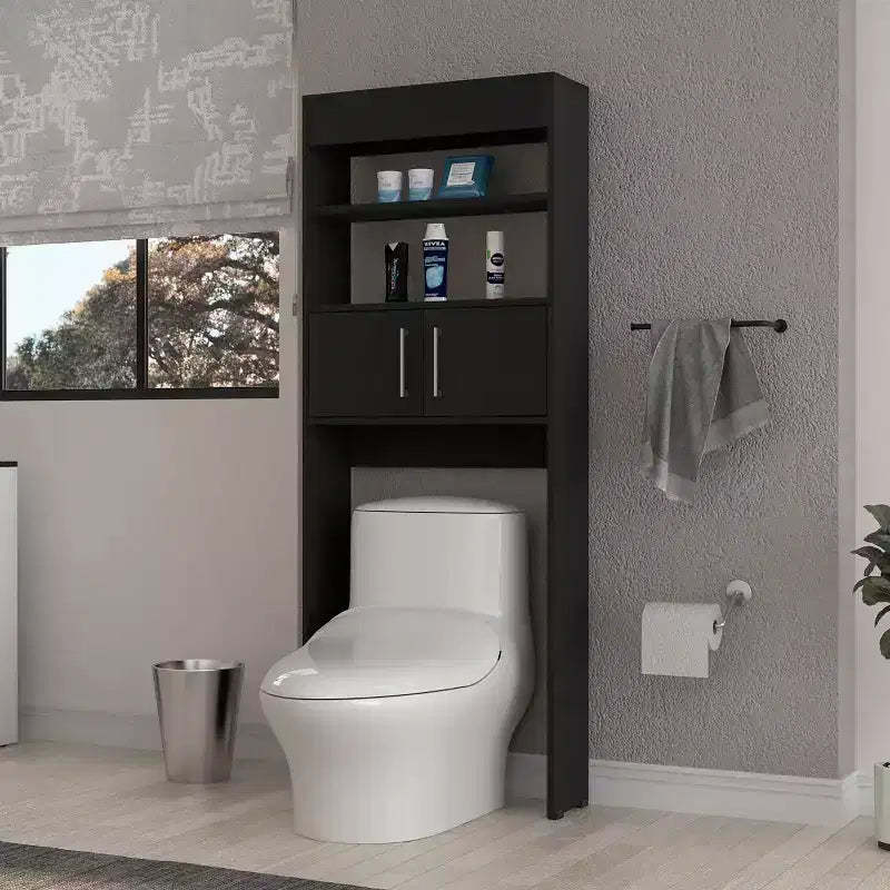 Modern Freestanding Over The Toilet Cabinet with Double Door & Shelves for Bathroom Storage, Easy To Assemble, Black 24,56''W X 8''D x 63''H