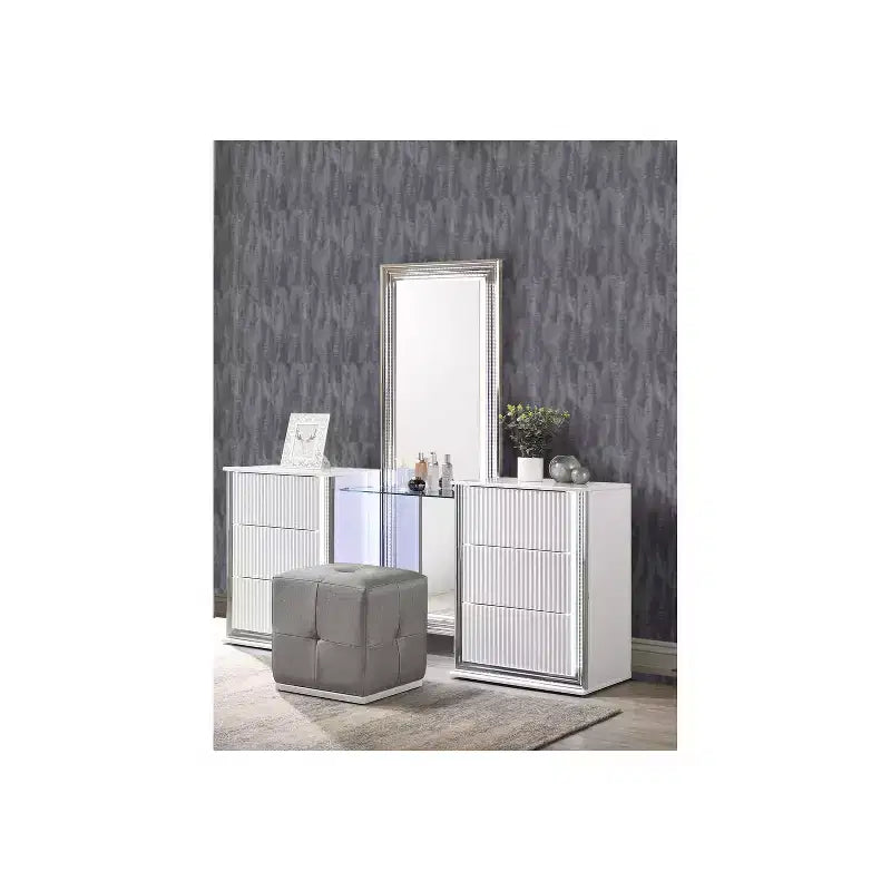 HomeStock Grey and Black Mirror with LED Lighting  Modern Bedroom Accent with Sleek Rectangular Frame
