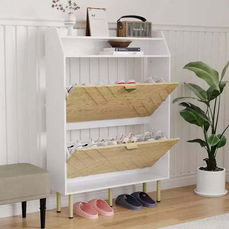 GustoWave Shoe Storage Cabinet with 2 Flip Drawers, Freestanding Shoe Organizer for Entryway, Narrow Shoe Rack Cabinet