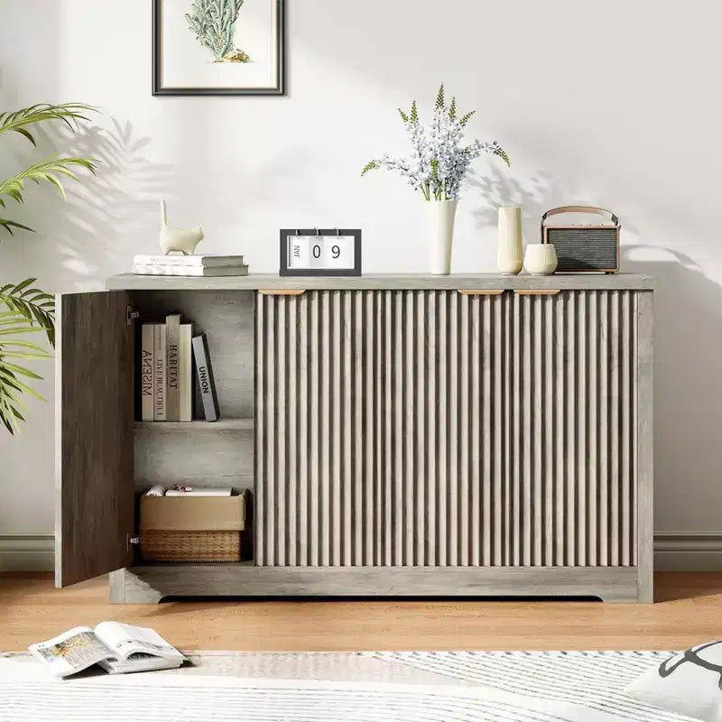 Fluted Sideboard Buffet Cabinet with Storage, Accent Modern Credenza with Doors & Adjustable Shelves, Media Console Mid Century Storage Cabinet