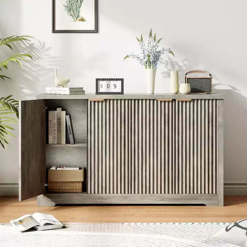 Fluted Sideboard Buffet Cabinet with Storage, Accent Modern Credenza with Doors & Adjustable Shelves, Media Console Mid Century Storage Cabinet