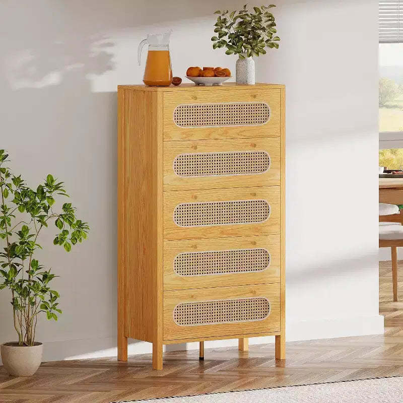 47 Inch Tall Boho Chest of Drawers with Golden Handles And Ajustable Feet Rattan 5 Drawer Dresser Wood Storage