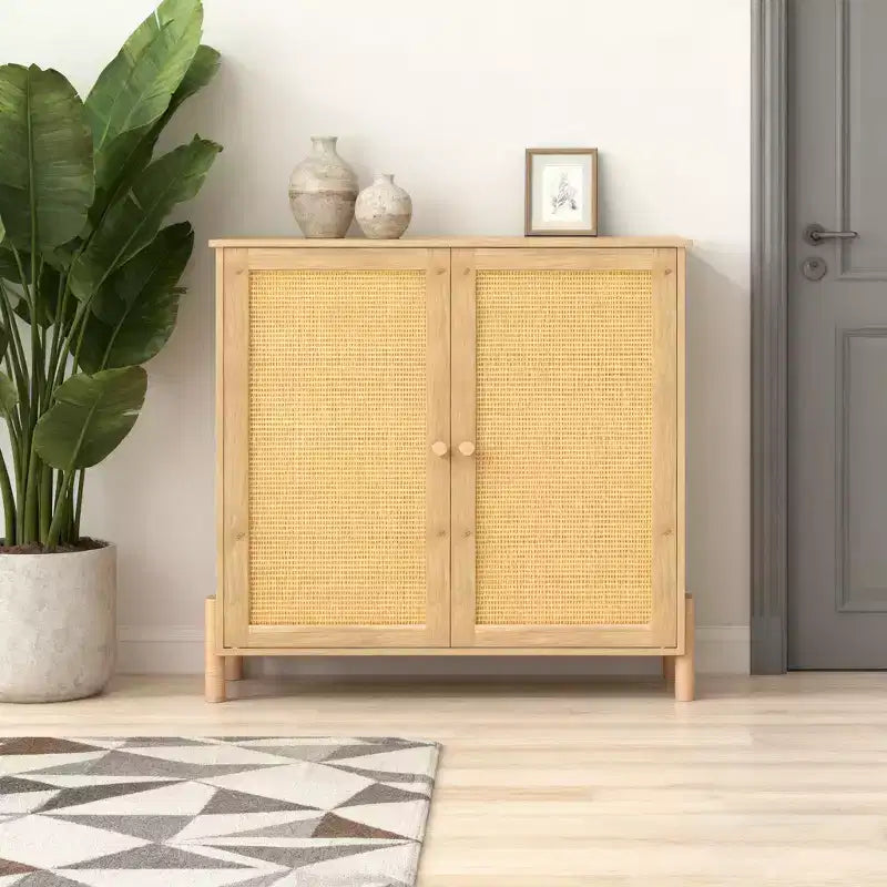 Homy Casa Rattan Door Storage Cabinet with Adjustable Shelves for Living Room, Entryway or Bedroom, Natural