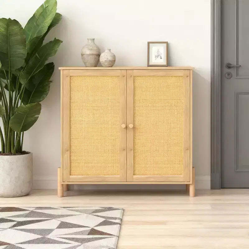 Homy Casa Rattan Door Storage Cabinet with Adjustable Shelves for Living Room, Entryway or Bedroom, Natural