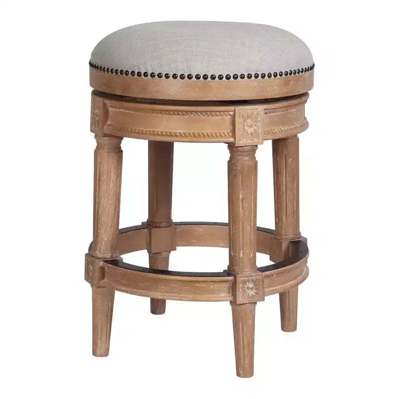 HomeRoots 26 Beige And Natural Solid Wood Swivel Backless Counter Height Bar Chair
