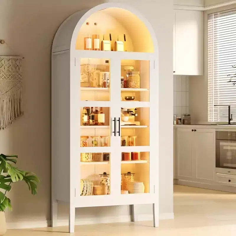 GustoWave 70 Tall Arched Kitchen Pantry Cabinet with LED, Wood Arched Bookshelf with Glass Doors & Adjustable Shelves, Elegant White