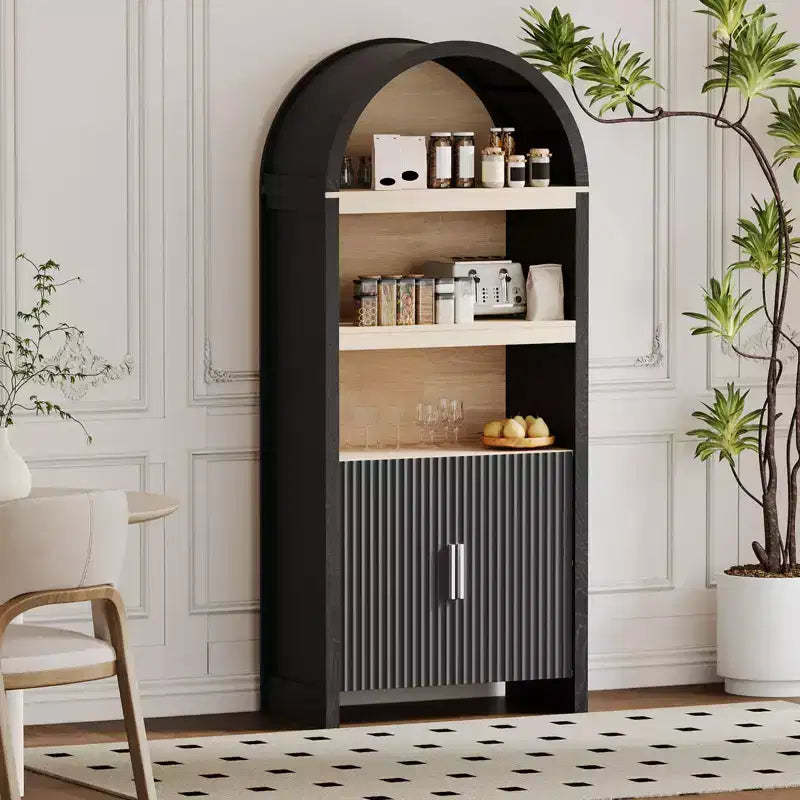 GustoWave 71'' 5 Tier Bookcase Arched Storage Cabinet, Farmhouse Wooden Kitchen Pantry Display Storage Cabinet with Open Shelves, Black