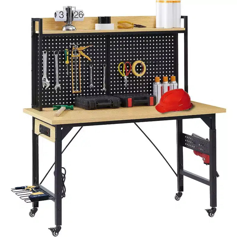 Zevemomo 48 Heavy Duty Work Bench with Pegboard, 2000LBS Load Capacity,Adjustable Height,Built-in Power Strip&Storage Shelf, Wheels&Hooks for Garage