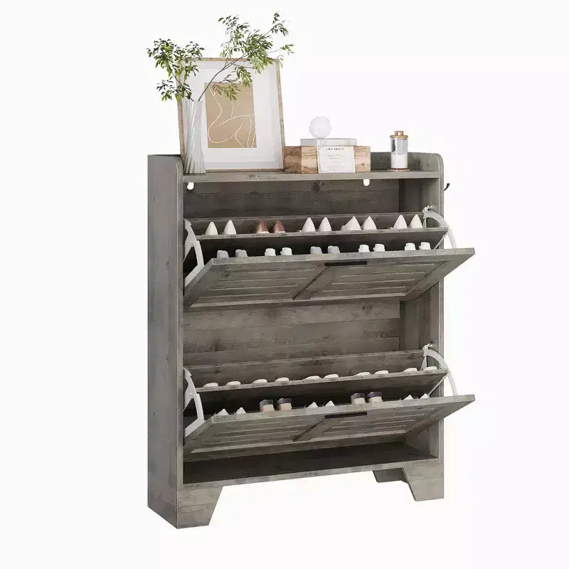 Shoe Cabinet with 2 Flip Down Drawers & HooksNarrow Entryway Shoe Storage Organizer for Small Spaces, Hallways, and Front Doors, Country Brown