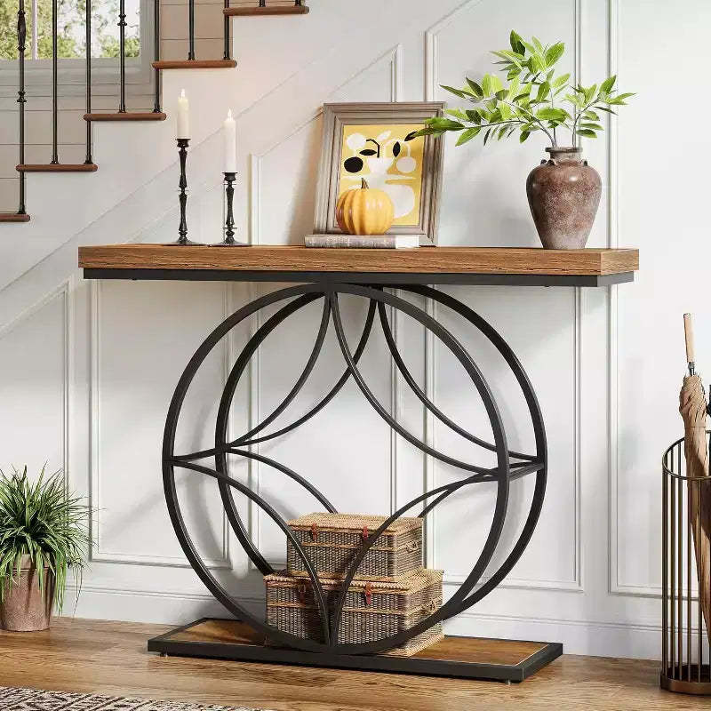 Lantine 47Console Table,2-Tier Sofa Table with Geometric Metal Frame, Narrow Entryway Tables with Storage Shelf for Living Room, Rustic Brown