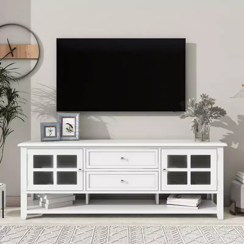 TV Stand Up to 65, Modern Minimalist TV Cabinet With 2 Open Storage Spaces 2Drawers Entertainment Center For Living Room Bedroom