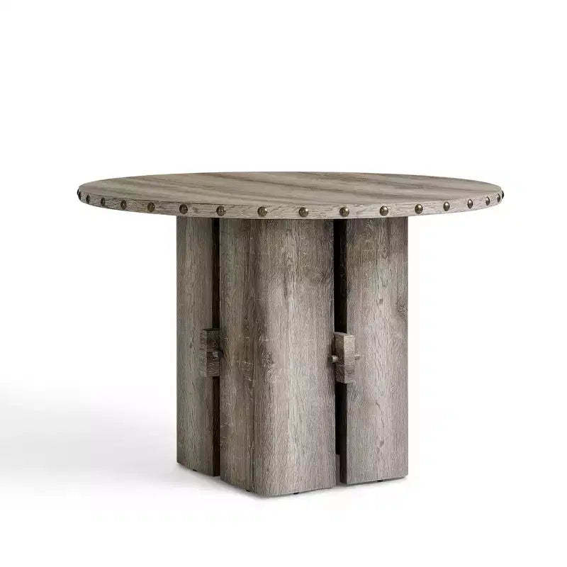 Beige Round Dining Table, 47 Wood Pedestal Table with Rivet Trim, MDF Top & Adjustable Legs for Dining Room, Kitchen