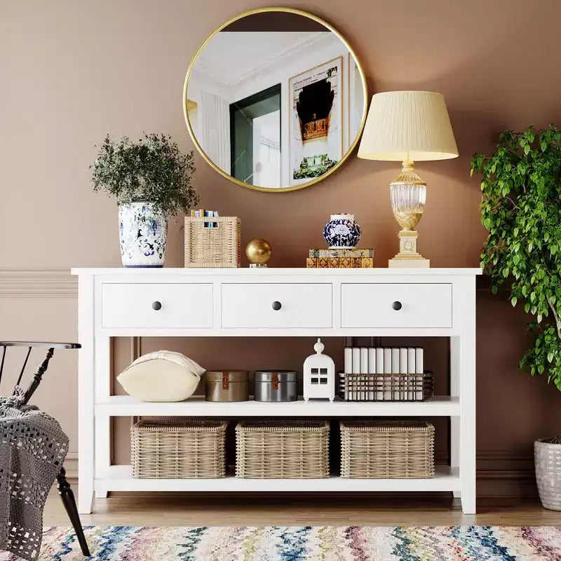 Okak 50IN Retro Console Table with 3 Drawers, Entryway Table with Wood Frame and Legs, Hallway Table with Two Shelves for Living Room, Foyer