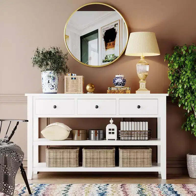 Okak 50IN Retro Console Table with 3 Drawers, Entryway Table with Wood Frame and Legs, Hallway Table with Two Shelves for Living Room, Foyer