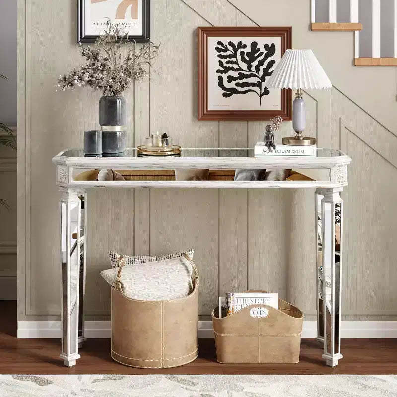 Okak 48IN Vintage Console Table with Wood Grain Carving, Accent Table with Mirror Surface, Hallway Table for Living Room, Entryway