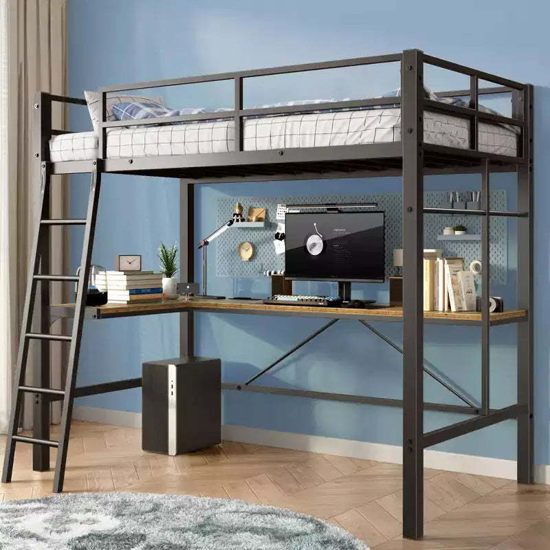 Okak Metal Loft Bed with L-Shaped Desk, No Box Spring Needed Design Twin Bed with Safety Guard and Ladder, Bed Frames for Living Room, Bedroom, Black