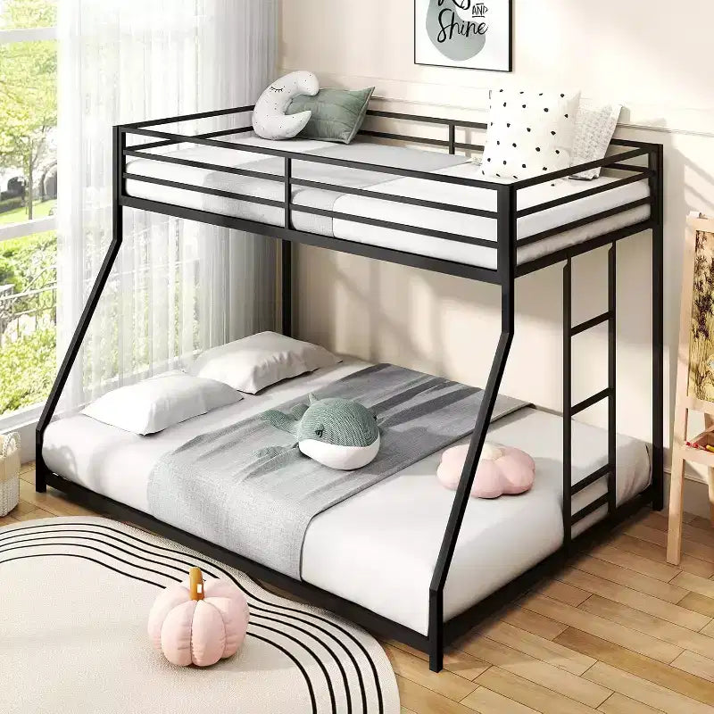 Zevemomo Twin Over Full Size Bunk Bed, Metal Low Profile Bunkbeds with Full-Length Guardrail and Ladder, Space Saving, No Boxing Spring Needed, Black