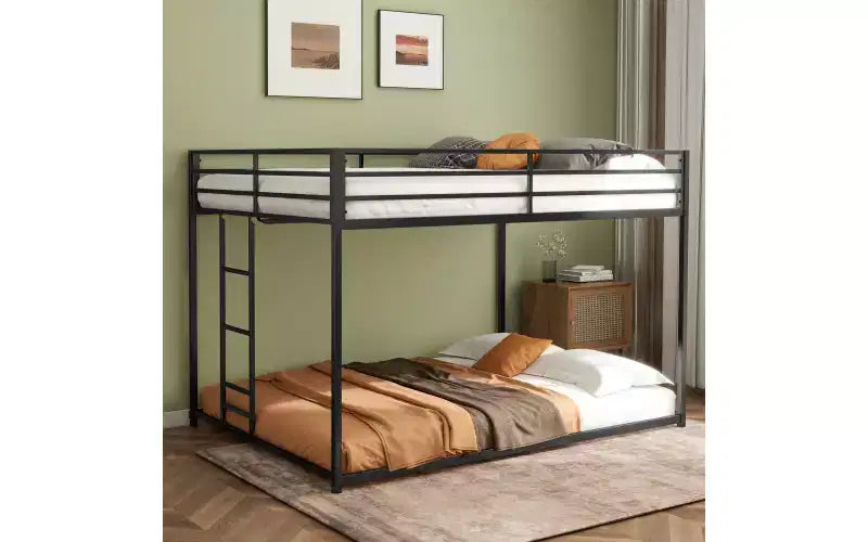 ZevemomoFull Over Full Bunk Bed for Kids,Metal Low Bed Frame with Built-in Ladder,High Top Protect,Floor Bed Bottom Bunk,No Boxing Spring Needed,Black