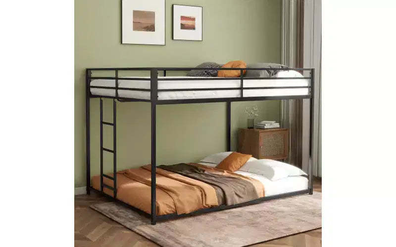 ZevemomoFull Over Full Bunk Bed for Kids,Metal Low Bed Frame with Built-in Ladder,High Top Protect,Floor Bed Bottom Bunk,No Boxing Spring Needed,Black