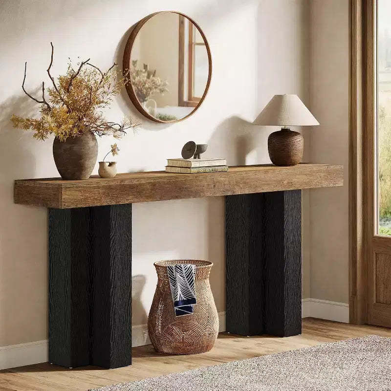 Lantine 63Farmhouse Console Table with Sturdy Legs, Narrow Long Sofa Console Behind Couch for Living Room, Hallway, Rustic Brown & Black