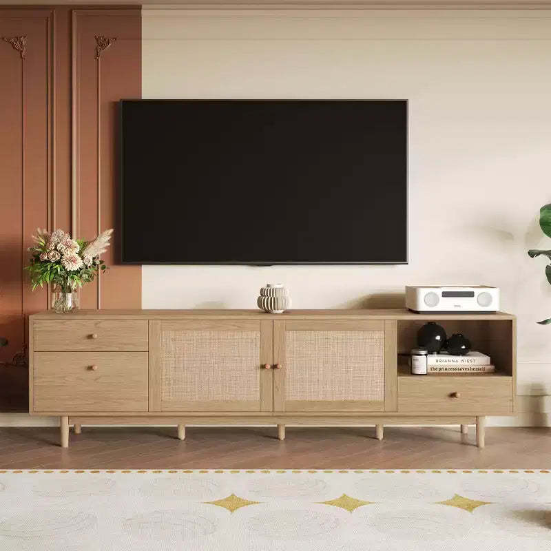Boho TV Stand for TVs up to 85, TV Console Media Console TV Cabinet with Rattan Doors, Brown - ModernLuxe