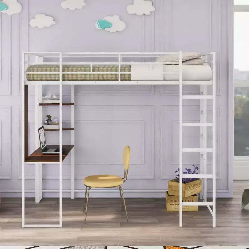 Okak 79.5IN Twin Size Metal Loft Bed with Desk, Twin Bed with 2 Shelves and 2 Ladders, Bed Frames for Bedroom, Dormitory