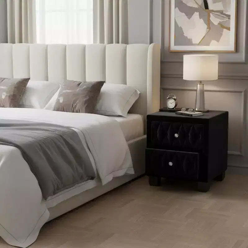Homy Casa Nightstand  Upholstered 3-Drawer Bedside Table with Diamond Tufted Front and Crystal Knobs