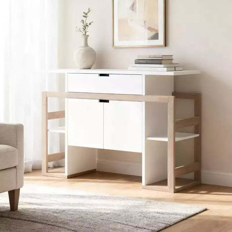 Homy Casa Decorative Storage Cabinet with Drawer, Open Side Shelves and Two-Door Base for Living Room or Dining Space, White Oak