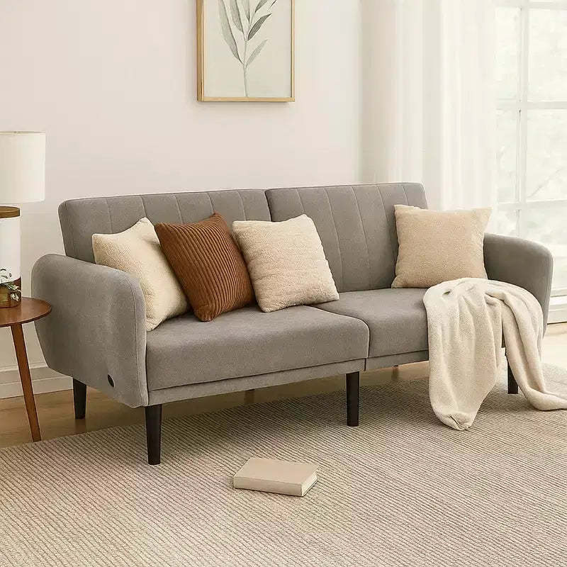 Royal Hampton Fold Out Futon Sofa Bed, Light Gray, Retro Channel Tufted Back