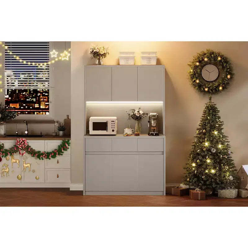71 Kitchen Pantry Storage Cabinet with LED Light & Outlet, Kitchen Hutch with Microwave Shelf , Drawer & Adjustable Shelf, for Dining Room