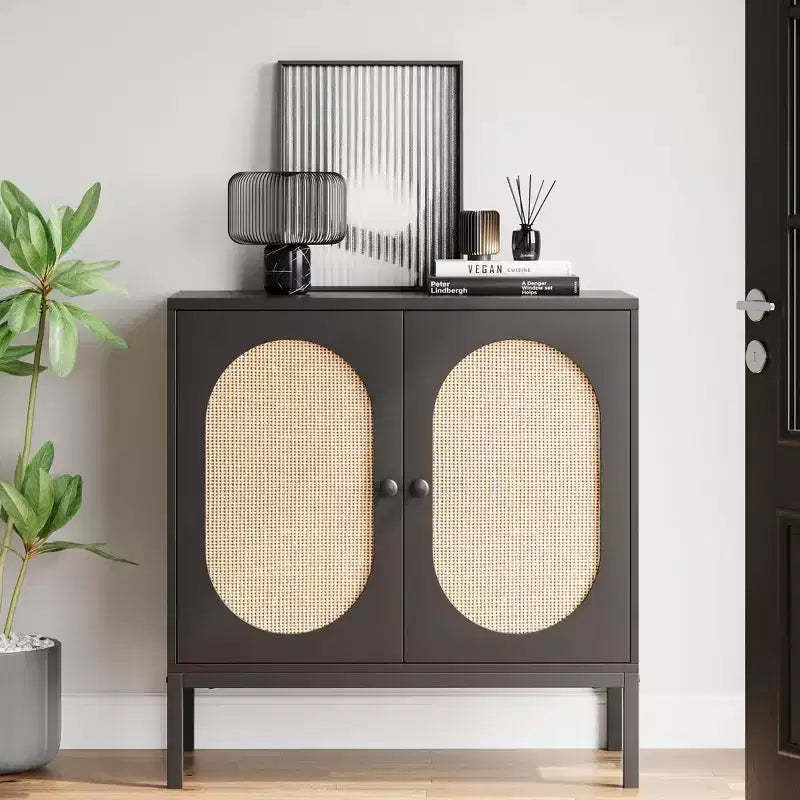 CuisinSmart 31.5'' Sideboard Buffet Cabinet with Rattan Wicker, Kitchen Cabinet with 2 Rattan Doors, Kitchen Cabinets for Kitchen Dining Room