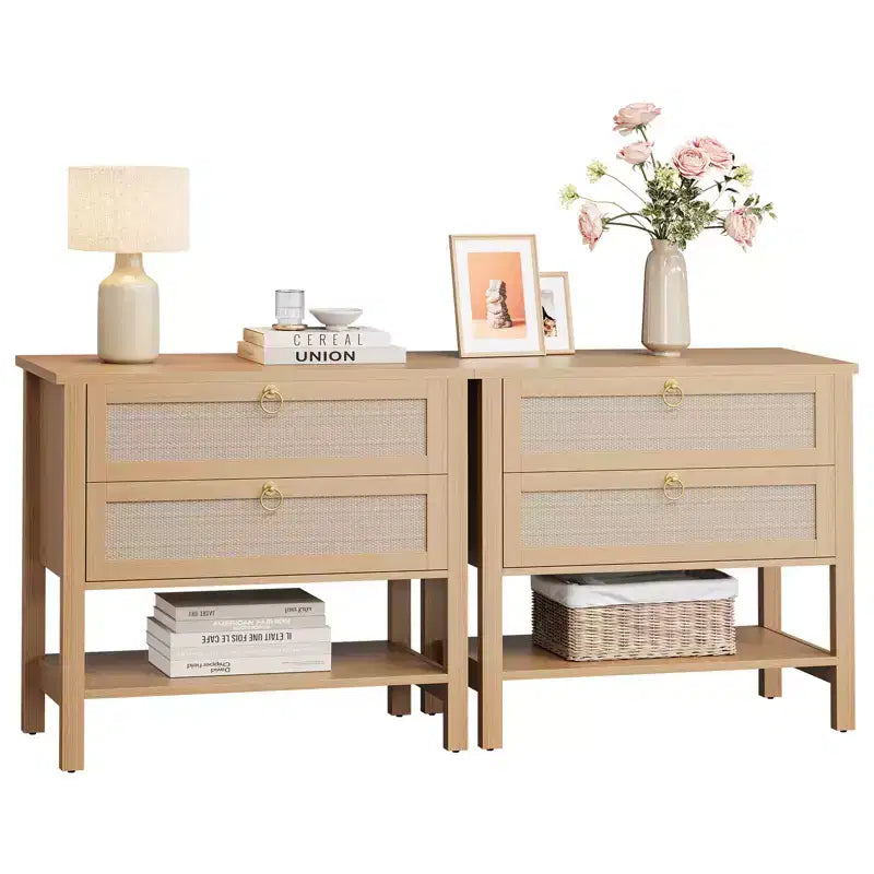 COZONY Nightstands Set of 2, Rattan Bedside Tables with Drawers and Storage Shelf, Narrow Mid Century Modern Nightstand for Bedroom