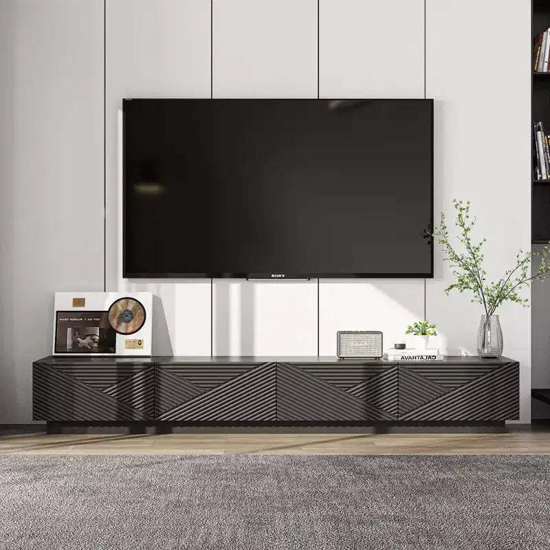 Famapy Black Geometric - Patterned TV Stand for 78 Inch TVs,Modern Entertainment Center with Lift - Up Doors, Storage Cabinets for Your Living Room