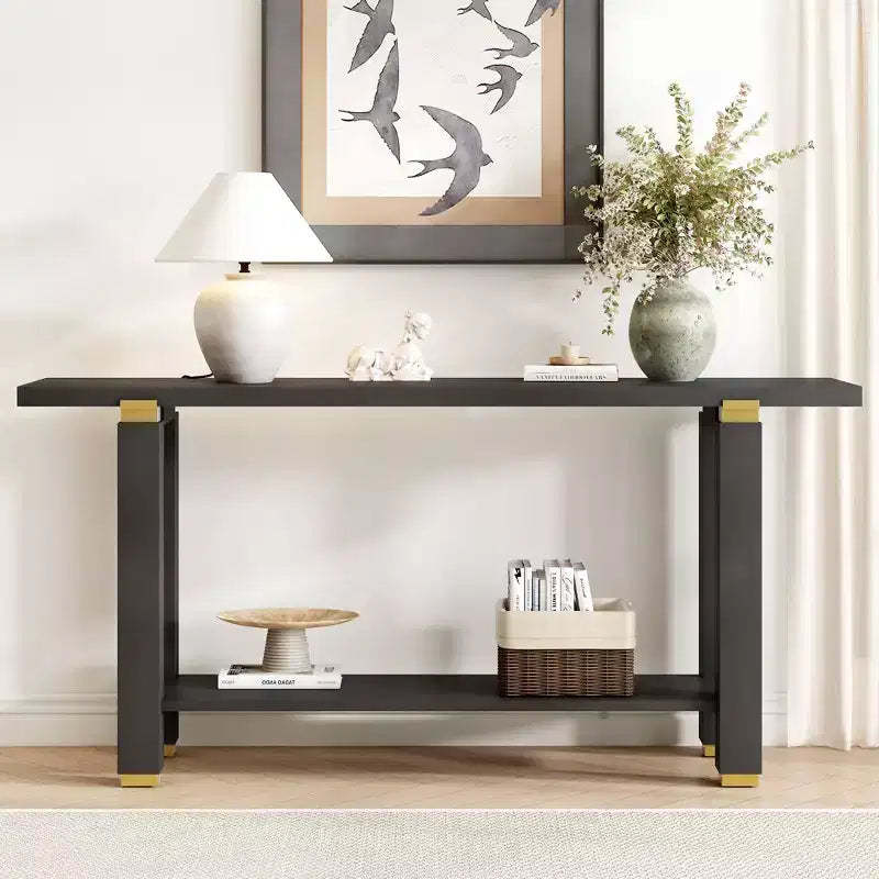 Okak 63IN Modern Narrow Console Table, Entryway Table with Metal Accents and Open Shelf, Accent Table for Living Room, Hallway, Black