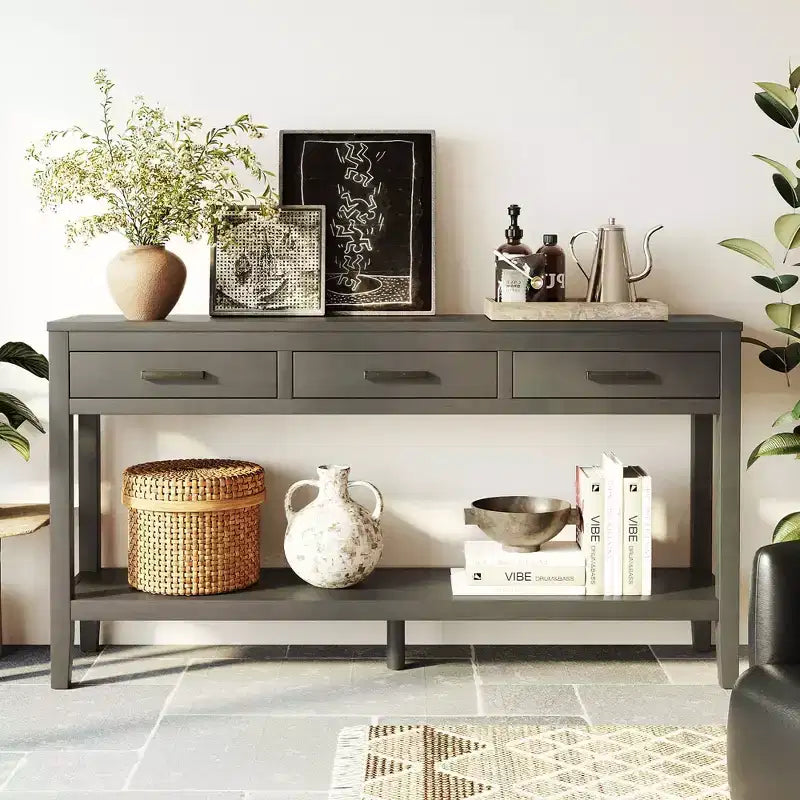 Okak 59.1IN Farmhouse Entryway Table with Bottom Shelf, Narrow Console Table with 3 Drawers and Iron Handles, Accent Table for Hallway, Foyer, Gray