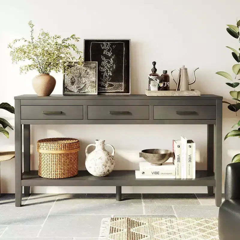 Okak 59.1IN Farmhouse Entryway Table with Bottom Shelf, Narrow Console Table with 3 Drawers and Iron Handles, Accent Table for Hallway, Foyer, Gray