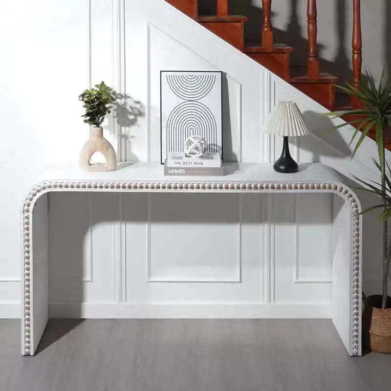 Okak 59IN Waterfall-Style Entryway Table with Wood Beads, Console Table with Minimalism Design, Accent Table for Hallway, Living Room, White