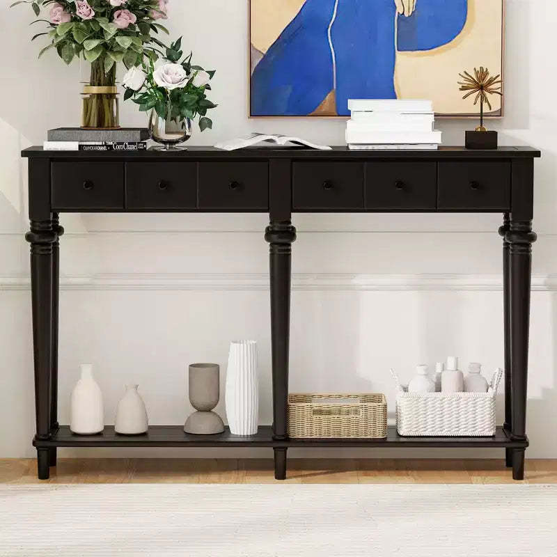 Okak 59.8IN Retro Entryway Table with 4 Drawers, Narrow Console Table with Open Shelves, Hallway Table for Living Room, Foyer, Black
