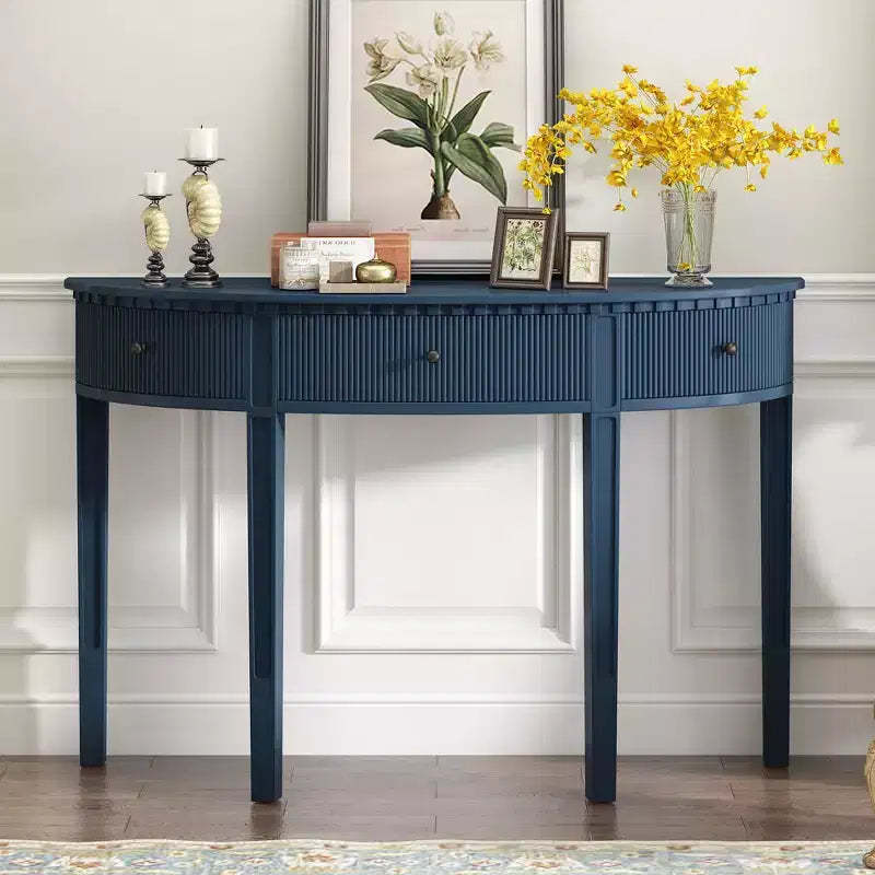 Okak 51.1IN Vintage Console Table with Pine Veneer, Entryway Table with 3 Drawers and Four Legs, Hallway Table for Living Room, Foyer, Blue