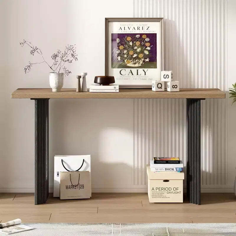 Okak 59.2IN Modern Console Table with Wood Veneer, Entryway Table with Round Hollow Legs, Accent Table for Hallway, Living Room, Natural