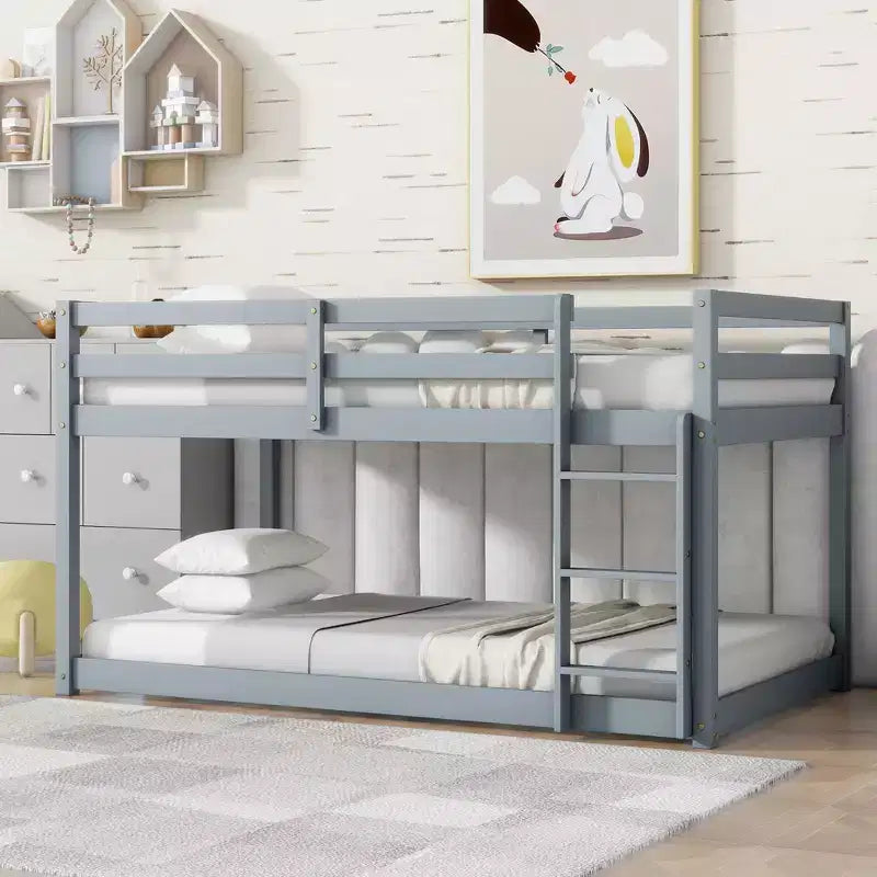Okak 77.3IN Twin-Over-Twin Floor Bunk Bed with Ladder, Twin Bed with Guardrail and Strengthened Slats, Bed Frames for Kids Room, Gaming Room, Gray
