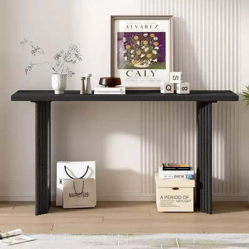 Okak 59.2IN Modern Console Table with Wood Veneer, Entryway Table with Round Hollow Legs, Accent Table for Hallway, Living Room, Black